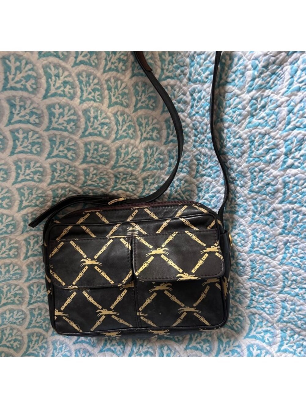 Vintage Longchamp Paris Horse & Belt Print Crossbody Bag Brown Leather